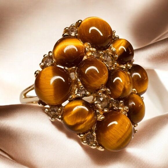 VINTAGE 10K Gold Cats Eye Chrysoberyl Citrine Ring Sz 8.25 Tigers Eye Ring 8CTTW - Picture 1 of 16
